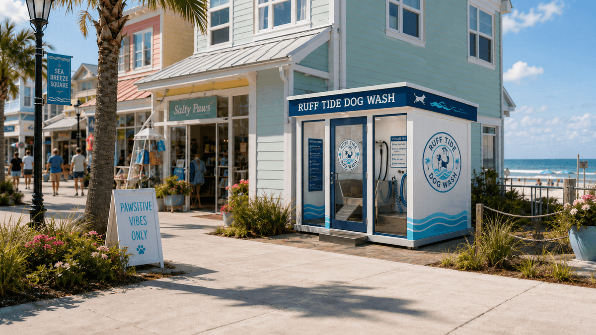 Ruff Tide Dog Wash kiosk on a coastal boardwalk near shops and the beach