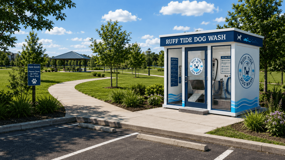 Ruff Tide Dog Wash kiosk at a community park with walking paths